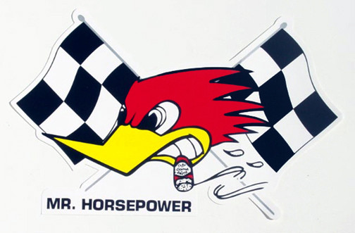 Mooneyes Aufkleber, Mr. Horsepower m. Race-Flag, links