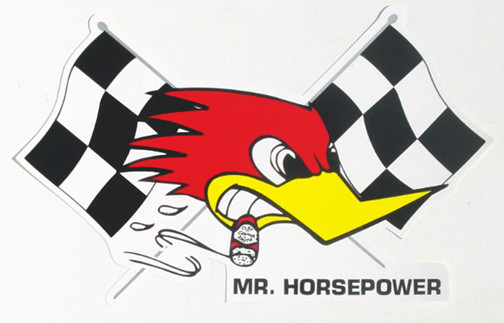 Mooneyes Aufkleber, Mr. Horsepower m. Race-Flag, rechts